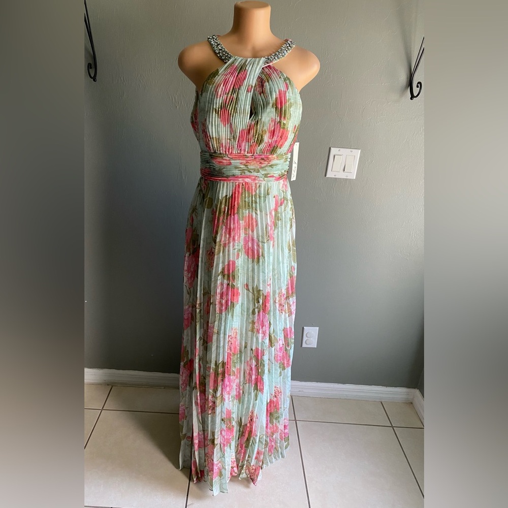 Floral Pleated Halter Maxi Dress in Mint and Pink